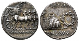 Octavian as Augustus, 27 BC – 14 AD Denarius Colonia Patricia circa 18, AR 17mm., 3.62g. S P Q R PAREN / CONS SVO Toga picta over tunica palmata betwe...