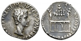 Octavian as Augustus, 27 BC – 14 AD Denarius Colonia Patricia (?) July 18-17/16 BC, AR 18mm., 3.62g. Bare head r. Rev. Facing quadriga on central part...