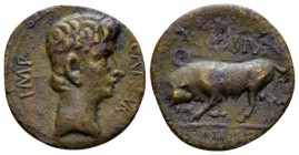 Octavian as Augustus, 27 BC – 14 AD Quadrans Lugdunum circa 15-10 BC, Æ 18mm., 2.92g. Laureate head r. Rev. Bull butting l. RIC 228. C 36.

Brown to...