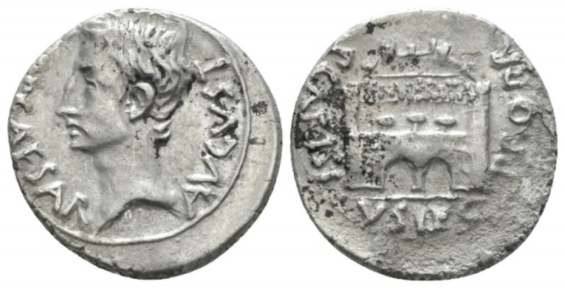 Octavian as Augustus, 27 BC – 14 AD Denarius Emerita circa 14 BC, AR 18mm., 3.76...