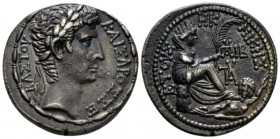 Octavian as Augustus, 27 BC – 14 AD Tetradrachm Antioch circa 4-3 BC, AR 29mm., 15.12g. Laureate head r. Rev. Tyche seated r. on rocky outcropping, ho...