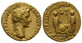 Octavian as Augustus, 27 BC – 14 AD Aureus Lugdunum circa 2 BC - 4 AD, AV 18mm., 7.81g. Laureate head r. Rev. Caius and Lucius standing facing, each t...