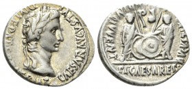 Octavian as Augustus, 27 BC – 14 AD Denarius Lugdunum circa 2 BC – 4 AD, AR 20mm., 3.83g. Laureate head r. Rev. Caius and Lucius standing facing, each...