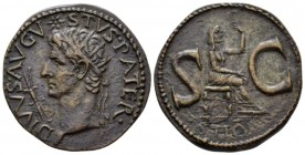 Octavian as Augustus, 27 BC – 14 AD As circa 15-16 AD, Æ 28mm., 10.48g. Radiate head l.; before, thunderbolt. Rev. Veiled female figure seated r., hol...