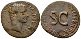 Tiberius Caesar, 4-14 As circa 8-10, Æ 29mm., 10.49g. Bare head r., Rev. PONTIFEX TRIBVN POTESTATE XII round S C. C 27. RIC 469.

Light brown tone, ...