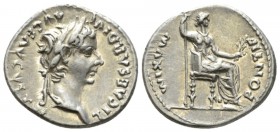 Tiberius, 14-37 Denarius Lugdunum circa 14-37, AR 18mm., 3.69g. Laureate head r. Rev. Pax-Livia figure seated r., holding sceptre in r. hand and branc...