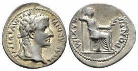 Tiberius, 14-37 Denarius circa 14-37, AR 18mm., 3.80g. Laureate head r. Rev. Pax-Livia figure seated r., holding sceptre in r. hand and branch in l. C...