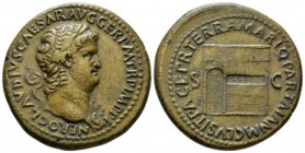 Nero, 54-68 Sestertius circa 65, Æ 34mm., 22.88g. Laureate bust r., wearing aegis. Rev. Temple of Janus with closed doors to l. hung with garland and ...