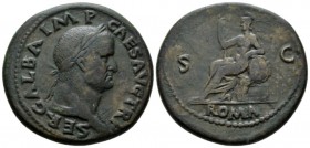 Galba, 68-69 Sestertius June-August 68, Æ 34mm., 24.92g. Laureate and draped bust r. Rev. Roma seated l. on cuirass, holding sceptre and resting l. el...