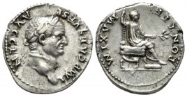 Vespasian, 69-79 Denarius circa 73, AR 19.5mm., 3.51g. Laureate head r. Rev. Vespasian seated r. on curule chair, holding olive branch and scepter. RI...