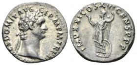 Domitian, 81-96 Denarius circa 92, AR 19mm., 2.95g. Laureate head r. Rev. Minerva standing l. with thunderbolt and spear; at her feet, shield. C 272. ...