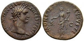 Domitian, 81-96 As circa 92-94, Æ 28mm., 10.36g. IMP CAES DOMIT AVG GERM COS AVI CENS PER P P Laureate head r. Rev. MONETA AVGVSTI Moneta standing l.,...