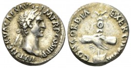 Nerva, 96-98 Denarius 96, AR 18mm., 3.27g. Laureate head r. Rev. Clasped hands over aquila set on prow. C 25. RIC 3

Very Fine.