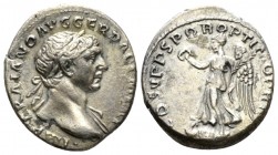 Trajan, 98-117 Denarius 103-111, AR 18mm., 3.51g. Laureate bust r., slight drapery. Rev. Victory standing l., holding wreath and palm frond. RIC 128. ...