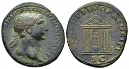 Trajan, 98-117 As circa 107-108, Æ 29mm., 11.13g. Laureate bust r., slight drapery. Rev. Octastyle temple: on pediment, Jupiter seated between two rec...