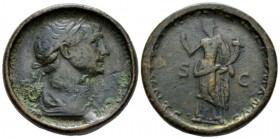 Trajan, 98-117 Sestertius circa 114-117, Æ 31mm., 22.96g. Laureate, draped and cuirassed bust r. Rev. Felicitas standing facing, head l., holding corn...