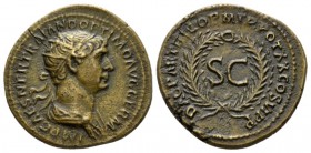 Trajan, 98-117 Semis 114-117, Æ 20mm., 3.84g. Radiate and draped bust r. Rev. DAC PARTHICO P M TR POT XX COS VI P P SC in oak wreath. RIC 645. C 122....