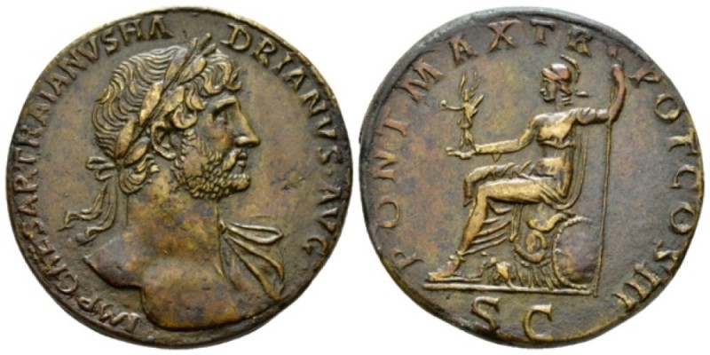 Hadrian, 117-138 Sestertius circa 119-120, Æ 32mm., 25.24g. . Laureate head r., ...