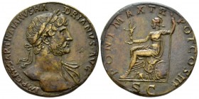 Hadrian, 117-138 Sestertius circa 119-120, Æ 32mm., 25.24g. . Laureate head r., slight drapery on l. shoulder. Rev. Roma seated l. on cuirass, her r. ...