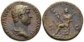 Hadrian, 117-138 As circa 136, Æ 26mm., 11.65g. Bareheaded and draped bust r. Rev. S – C Dacia seated l. on rock, holding vexillum and curved sword; i...