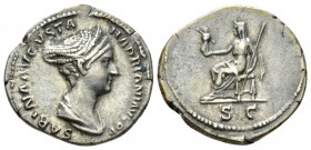 Sabina, wife of Hadrian Denarius circa 128-136, AR 19mm., 3.24g. Draped bust r., with hair coiled and piled on top of head. Rev. Vesta seated l., hold...