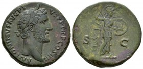 Antoninus Pius, 138-161 Sestertius 145-161, Æ 31mm., 25.74g. Laureate head r. Rev: Minerva advancing right, holding shield and spear. C 745. RIC 779. ...