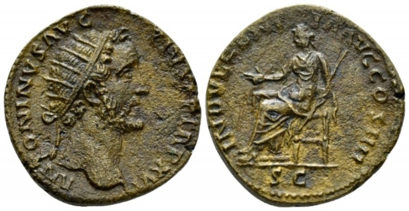 Antoninus Pius, 138-161 Dupondius circa 153-154, Æ 25mm., 11.35g. Radiate head r...