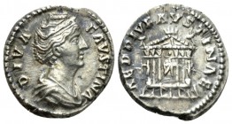 Diva Faustina. Denarius after 141, AR 17mm., 3.18g. Draped bust r. Rev. Hexastyle temple in which is a seated figure of Faustina; fencing before. C 1....