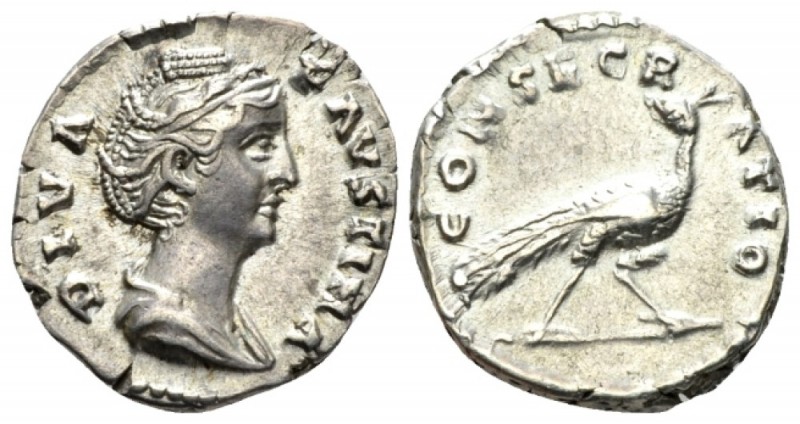 Diva Faustina. Denarius after 141, AR 18mm., 2.89g. Draped bust r. Rev. Peacock ...