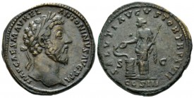 Marcus Aurelius, 161-180 Sestertius 162-163, Æ 33mm., 27.87g. Laureate head r. Rev. Salus standing l., holding sceptre and feeding snake twined around...