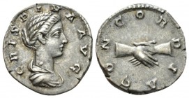 Crispina, wife of Commodus Denarius 180-182, AR 18mm., 3.23g. Draped bust r. Rev. Clasped hands. C 8. RIC Commodus 279. Toned and Good very fine 30
...