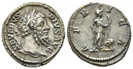 Septimius Severus, 193-211 Denarius 207, AR 20mm., 3.28g. Laureate head r. Rev. Africa, wearing elephant-skin headdress, draped to feet, standing r., ...