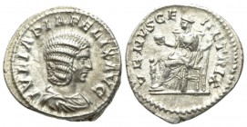 Julia Domna, wife of Septimius Severus Denarius 215-217, AR 18mm., 3.36g. Diademed and draped bust r. Rev. Venus seated l. on throne, holding sceptre ...