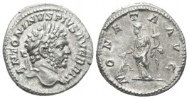 Caracalla, 198-217 Denarius 212-213, AR 19mm., 3.20g. Laureate and bearded head r. Rev. Moneta standing l., holding scales and cornucopia. C 165. RIC ...