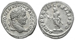 Caracalla, 198-217 Denarius circa 214, AR 19mm., 3.29g. Laureate head r. Rev. Caracalla standing l., holding branch and baton. RIC 246. C 247.

Extr...