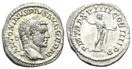 Caracalla, 198-217 Denarius 216, AR 18mm., 3.18g. Laureate and bearded head r. Rev. Sol standing facing, head l., raising hand and holding globe. C 35...