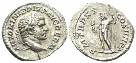 Caracalla, 198-217 Denarius 217, AR 18mm., 3.14g. Laureate and bearded head r. Rev. Jupiter standing l., holding thunderbolt and sceptre. C 37. RIC 28...