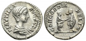 Plautilla, wife of Caracalla Denarius circa 202-205, AR 18mm., 3.30g. Draped bust r. Rev. Caracalla clasping hands with Plautilla. C 12. RIC Caracalla...