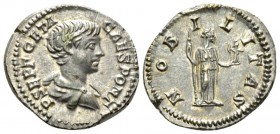 Geta Caesar, 198-209 Denarius 200-205, AR 17mm., 3.66g. Bareheaded and draped bust r. Rev Nobilitas standing r., holding sceptre and palladium. C 90. ...