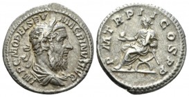 Macrinus, 217-218 Denarius 217, AR 18mm., 3.26g. Laureate and draped bust r. Rev. Macrinus seated l. on curule chair, holding globe and short sceptre....