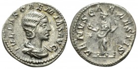 Julia Soemias, mother of Elagabalus Denarius 218-222, AR 18mm., 3.03g. Draped bust r. Rev. Venus, standing partially to l., holding apple and sceptre;...