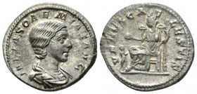 Julia Soemias, mother of Elagabalus Denarius 220-222, AR 17mm., 3.20g. Draped bust r. Rev. Venus seated l. on throne, holding apple and sceptre; at he...