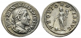 Maximinus I, 235-238 Denarius 235-236, AR 20mm., 2.62g. Laureate, draped and cuirassed bust r. Rev. Providentia standing l. holding wand over globe an...