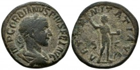 Gordian III, 238-244 Sestertius 240, Æ 32mm., 21.40g. Laureate, draped and cuirassed bust r. Rev. Sol standing facing, head turned l., raising hand an...