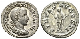 Gordian III, 238-244 Denarius 241, AR 19mm., 3.05g. Laureate, draped and cuirassed bust r. Rev. Pietas standing, veiled, both hands raised. C 186. RIC...