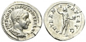 Gordian III, 238-244 Denarius 241-243, AR 21mm., 3.19g. Laureate, draped and cuirassed bust r. Rev. Sol standing r., head l., raising r. hand and hold...