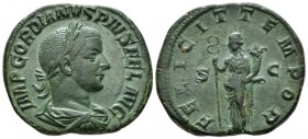 Gordian III, 238-244 Sestertius 243-244, Æ 30mm., 20.35g. Laureate, draped and cuirassed bust r. Rev. Felicitas standing l. holding caduceus and cornu...