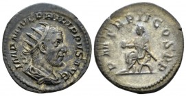 Philip I, 244-249 Antoninianus circa 245, AR 23mm., 4.15g. Radiate, draped and cuirassed bust r. Rev. Philip I seatd l on curule chair, holding globe ...