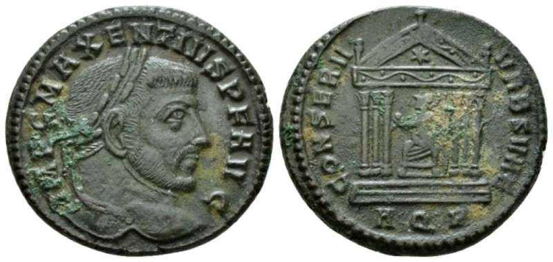 Maxentius, 306-312 Follis Aquileia 307-310, Æ 25mm., 6.80g. Laureate head r. Rev...