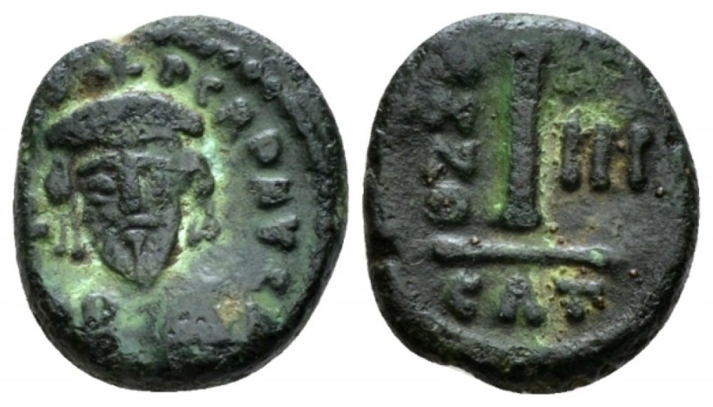 Phocas, 602-610 Decanummo Catania 604-605 (year 3), Æ 13mm., 2.52g. Crowned, dra...